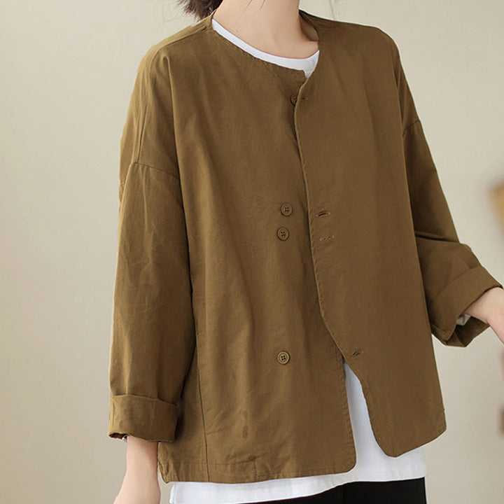 Chaqueta de lino y algodón de manga larga para mujer con diseño asimétrico y sencillo de Buddha Stones Spring con bolsillos - Vara de oro oscura - US12, UK/AU16, EU44 (2XL) - image 6