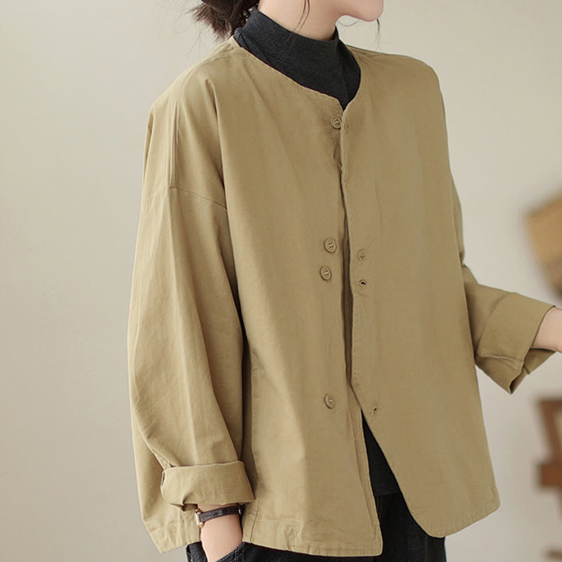 Chaqueta de lino y algodón de manga larga para mujer con diseño asimétrico y sencillo de Buddha Stones Spring con bolsillos - image 3
