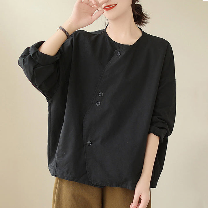 Chaqueta de lino y algodón de manga larga para mujer con diseño asimétrico y sencillo de Buddha Stones Spring con bolsillos - image 22