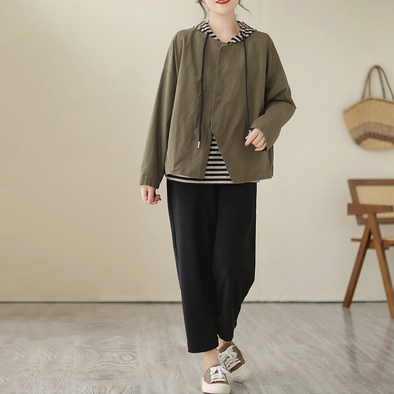 Chaqueta de lino y algodón de manga larga para mujer con diseño asimétrico y sencillo de Buddha Stones Spring con bolsillos - image 17