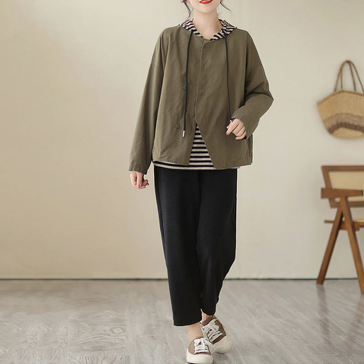 Chaqueta de lino y algodón de manga larga para mujer con diseño asimétrico y sencillo de Buddha Stones Spring con bolsillos - image 17