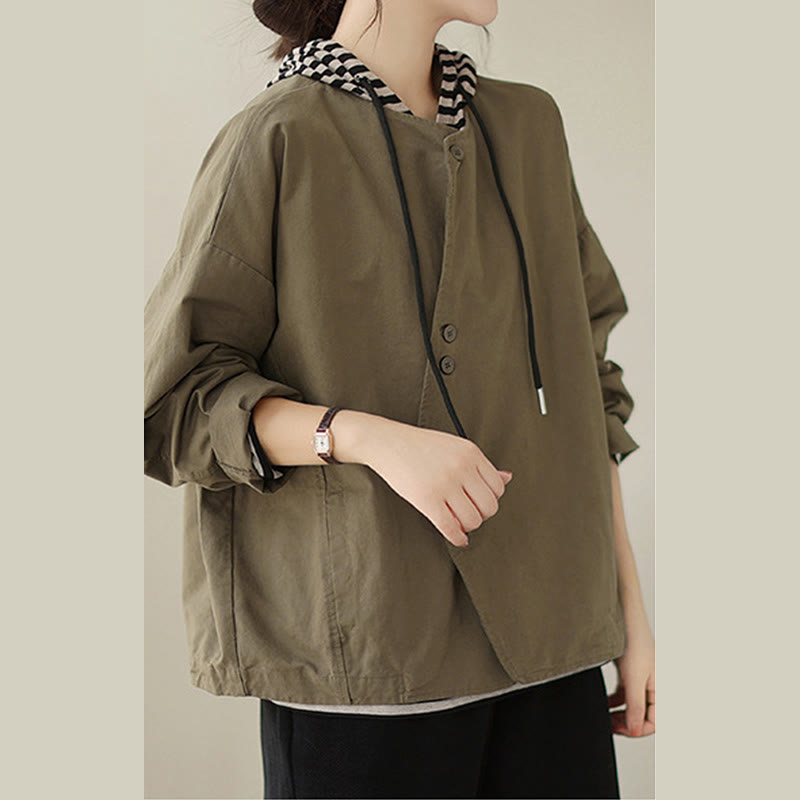 Chaqueta de lino y algodón de manga larga para mujer con diseño asimétrico y sencillo de Buddha Stones Spring con bolsillos - image 15