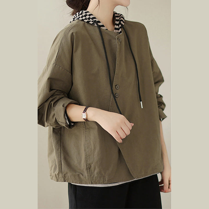Chaqueta de lino y algodón de manga larga para mujer con diseño asimétrico y sencillo de Buddha Stones Spring con bolsillos - image 15