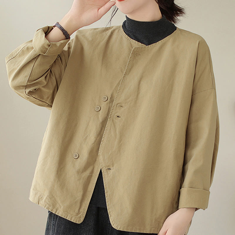 Chaqueta de lino y algodón de manga larga para mujer con diseño asimétrico y sencillo de Buddha Stones Spring con bolsillos - Vara de oro pálida - US12, UK/AU16, EU44 (2XL) - image 1