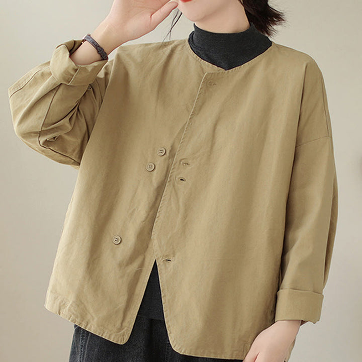 Chaqueta de lino y algodón de manga larga para mujer con diseño asimétrico y sencillo de Buddha Stones Spring con bolsillos - Vara de oro pálida - US12, UK/AU16, EU44 (2XL) - image 1