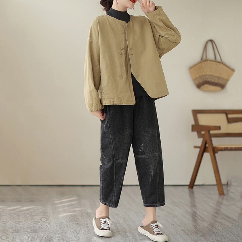 Chaqueta de lino y algodón de manga larga para mujer con diseño asimétrico y sencillo de Buddha Stones Spring con bolsillos - image 5