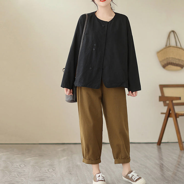 Chaqueta de lino y algodón de manga larga para mujer con diseño asimétrico y sencillo de Buddha Stones Spring con bolsillos - image 24