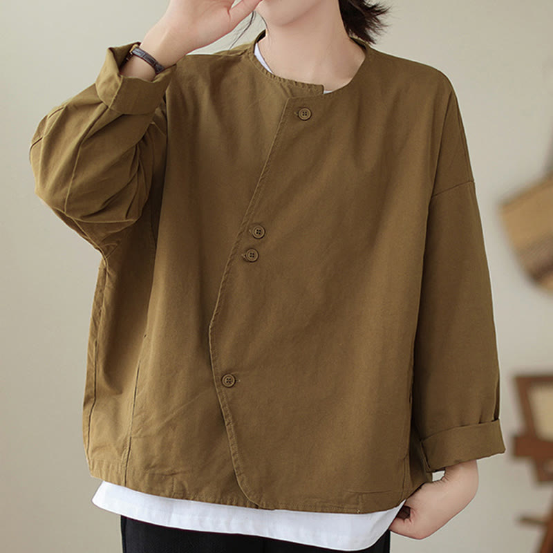 Chaqueta de lino y algodón de manga larga para mujer con diseño asimétrico y sencillo de Buddha Stones Spring con bolsillos - image 7