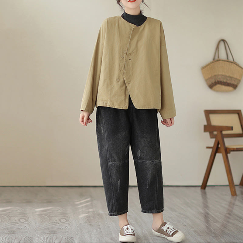 Chaqueta de lino y algodón de manga larga para mujer con diseño asimétrico y sencillo de Buddha Stones Spring con bolsillos - image 4
