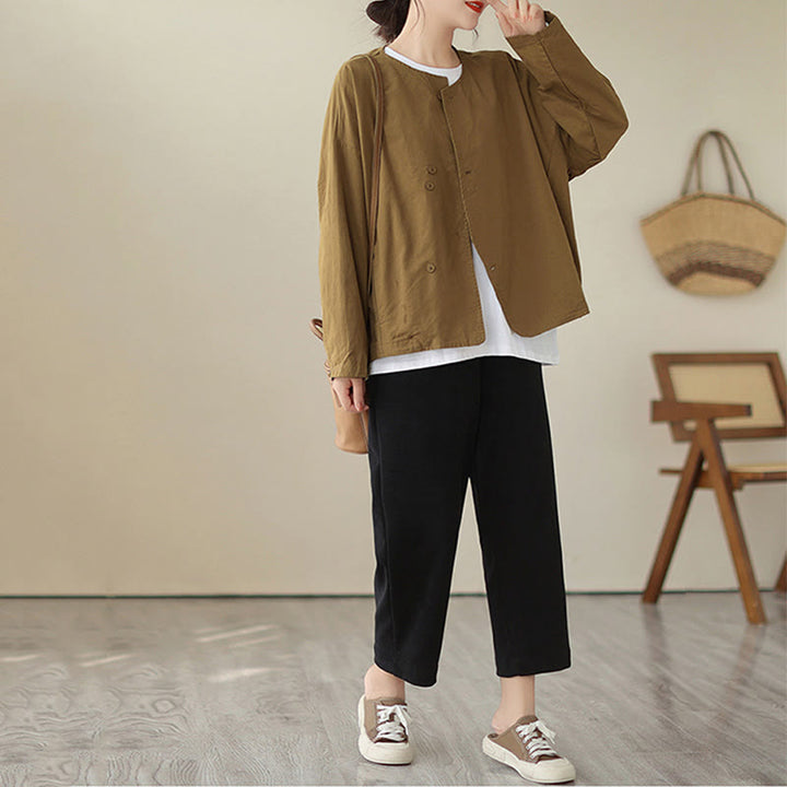 Chaqueta de lino y algodón de manga larga para mujer con diseño asimétrico y sencillo de Buddha Stones Spring con bolsillos - image 10