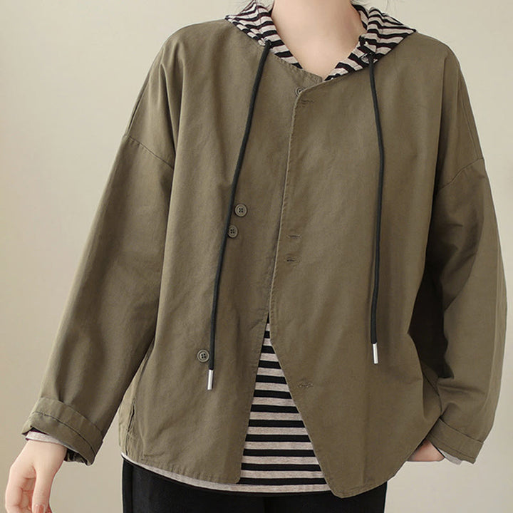Chaqueta de lino y algodón de manga larga para mujer con diseño asimétrico y sencillo de Buddha Stones Spring con bolsillos - image 16