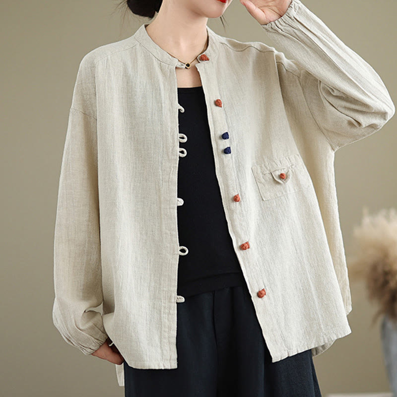 Camisa de lino y algodón de manga larga para mujer con diseño de botones coloridos y Buddha Stones - Beige - US14，UK/AU18，EU46 (2XL) - image 1