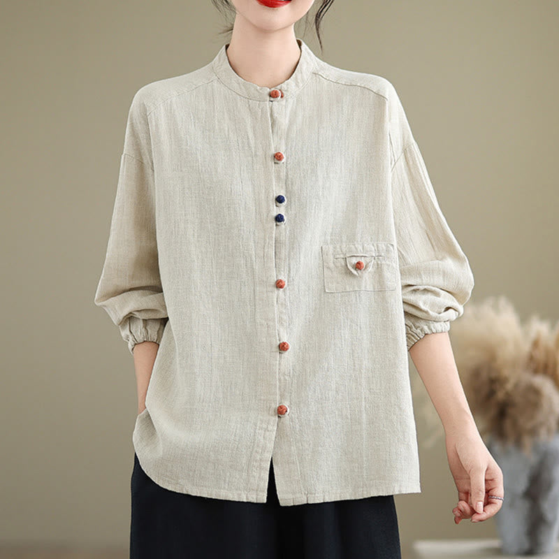 Camisa de lino y algodón de manga larga para mujer con diseño de botones coloridos y Buddha Stones - image 2