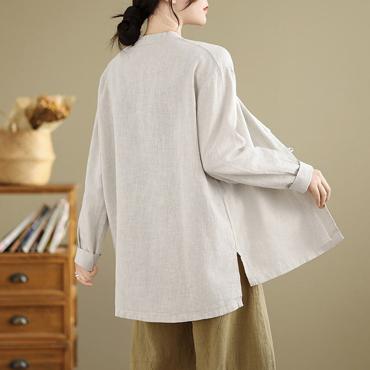 Camisa de lino y algodón de manga larga para mujer con diseño de botones frontales de color liso y Buddha Stones - image 3