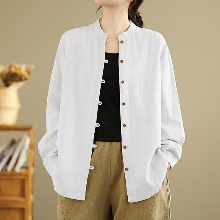 Camisa de lino y algodón de manga larga para mujer con diseño de botones frontales de color liso y Buddha Stones - Blanco - US14，UK/AU18，EU46 (2XL) - image 9