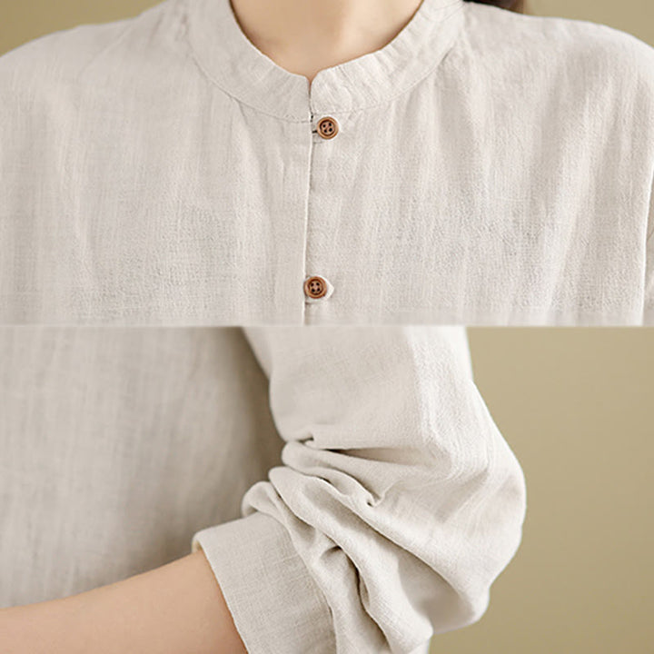 Camisa de lino y algodón de manga larga para mujer con diseño de botones frontales de color liso y Buddha Stones - image 7