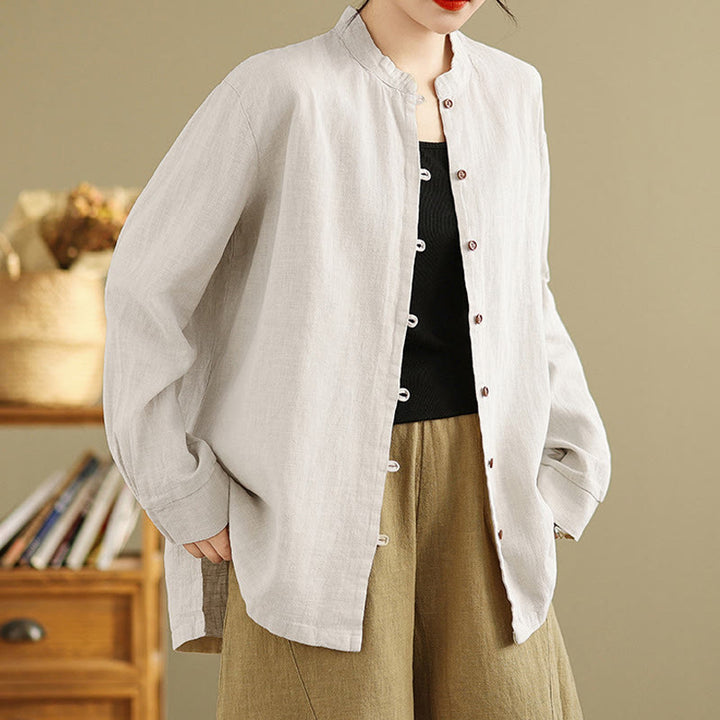 Camisa de lino y algodón de manga larga para mujer con diseño de botones frontales de color liso y Buddha Stones - Lino - US14，UK/AU18，EU46 (2XL) - image 1