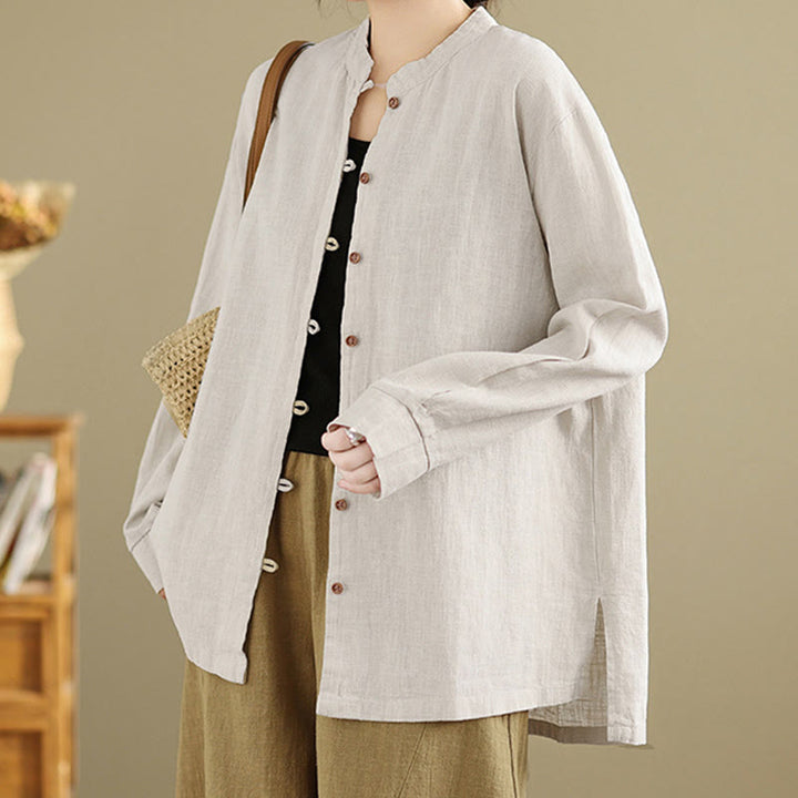 Camisa de lino y algodón de manga larga para mujer con diseño de botones frontales de color liso y Buddha Stones - image 1