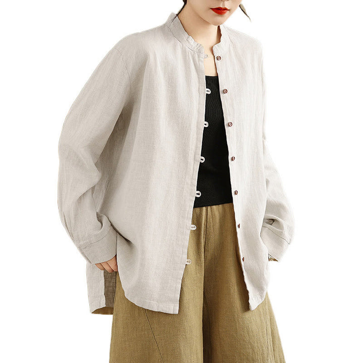 Camisa de lino y algodón de manga larga para mujer con diseño de botones frontales de color liso y Buddha Stones - image 9