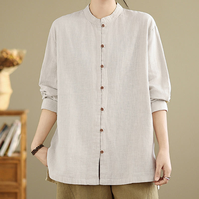 Camisa de lino y algodón de manga larga para mujer con diseño de botones frontales de color liso y Buddha Stones - image 4