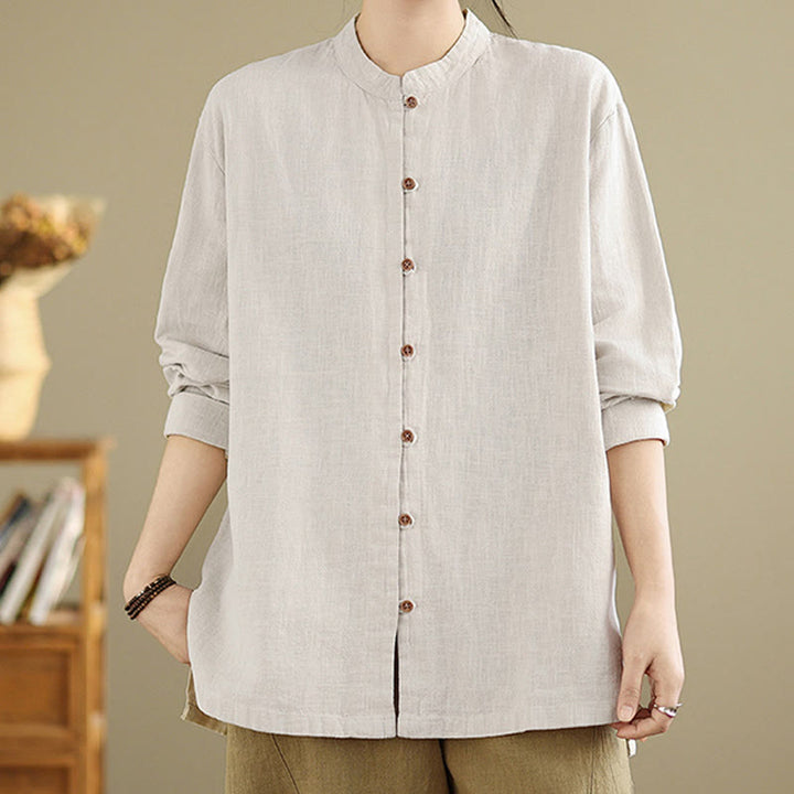 Camisa de lino y algodón de manga larga para mujer con diseño de botones frontales de color liso y Buddha Stones - image 4