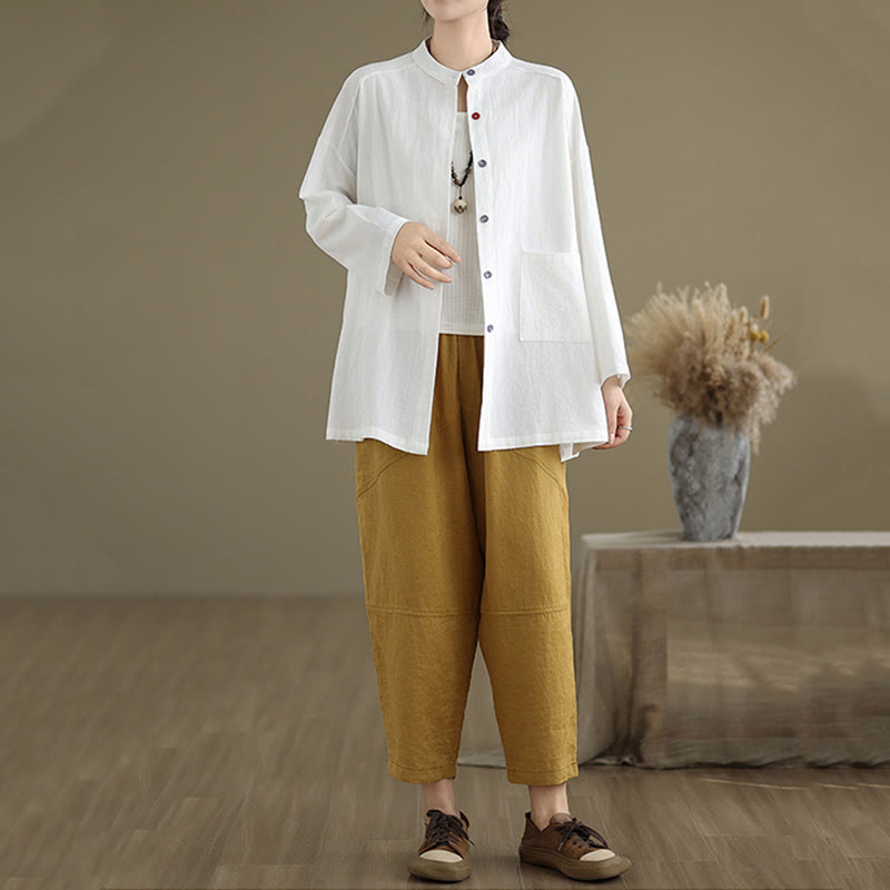 Camisa de lino y algodón de manga larga para mujer con bolsillo y estampado de Buddha Stones Commute en color puro - image 16