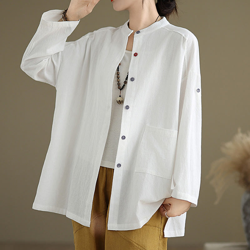 Camisa de lino y algodón de manga larga para mujer con bolsillo y estampado de Buddha Stones Commute en color puro - image 14
