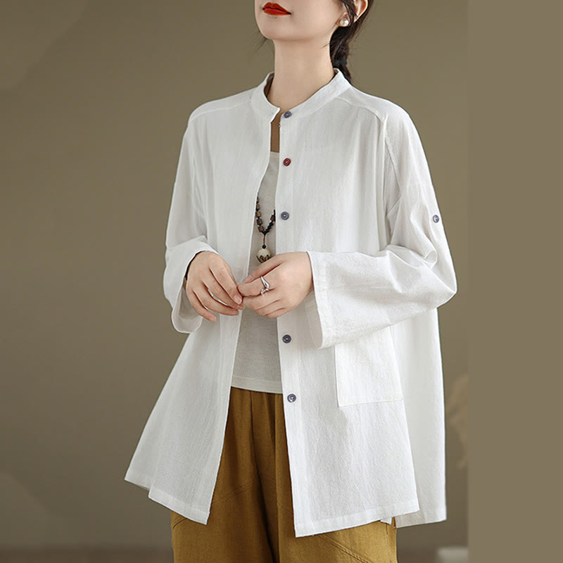 Camisa de lino y algodón de manga larga para mujer con bolsillo y estampado de Buddha Stones Commute en color puro - image 13