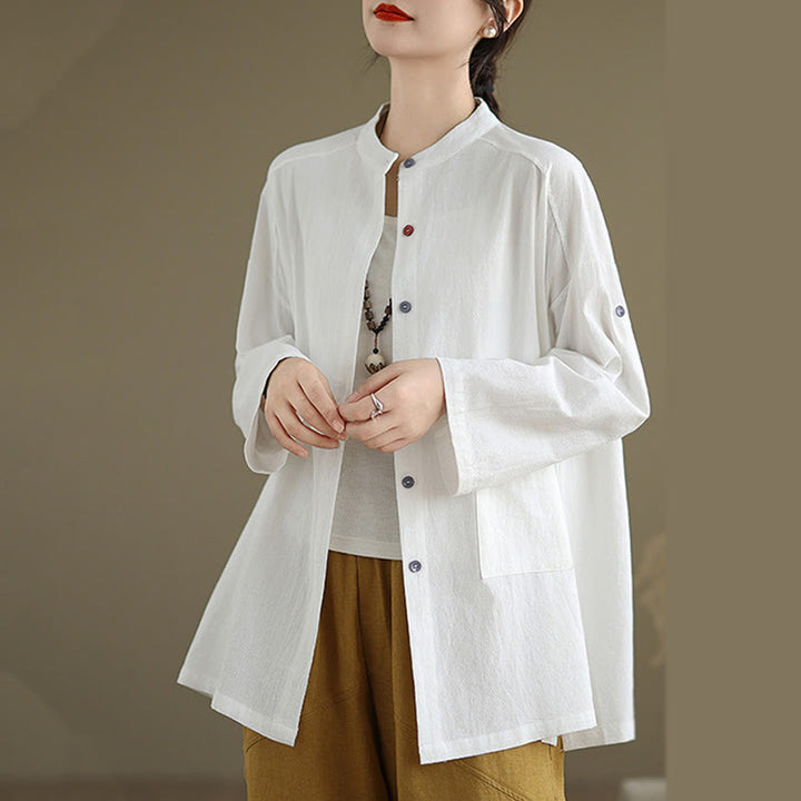 Camisa de lino y algodón de manga larga para mujer con bolsillo y estampado de Buddha Stones Commute en color puro - image 13