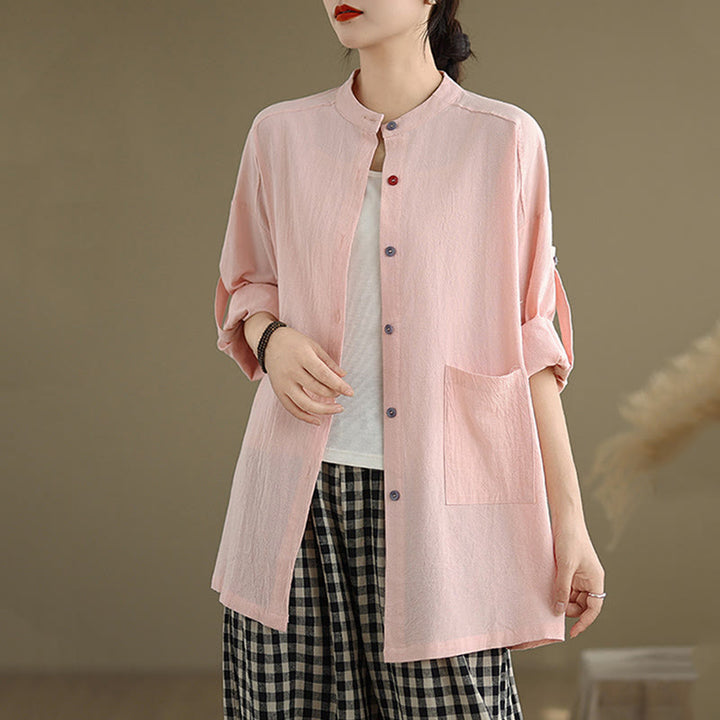 Camisa de lino y algodón de manga larga para mujer con bolsillo y estampado de Buddha Stones Commute en color puro - image 19
