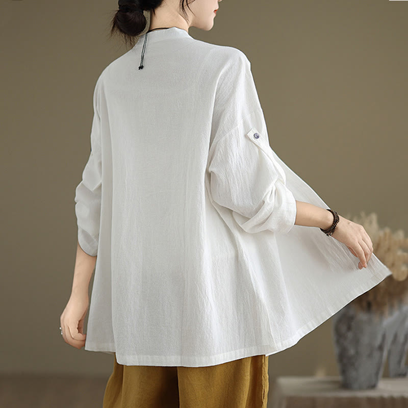 Camisa de lino y algodón de manga larga para mujer con bolsillo y estampado de Buddha Stones Commute en color puro - image 15