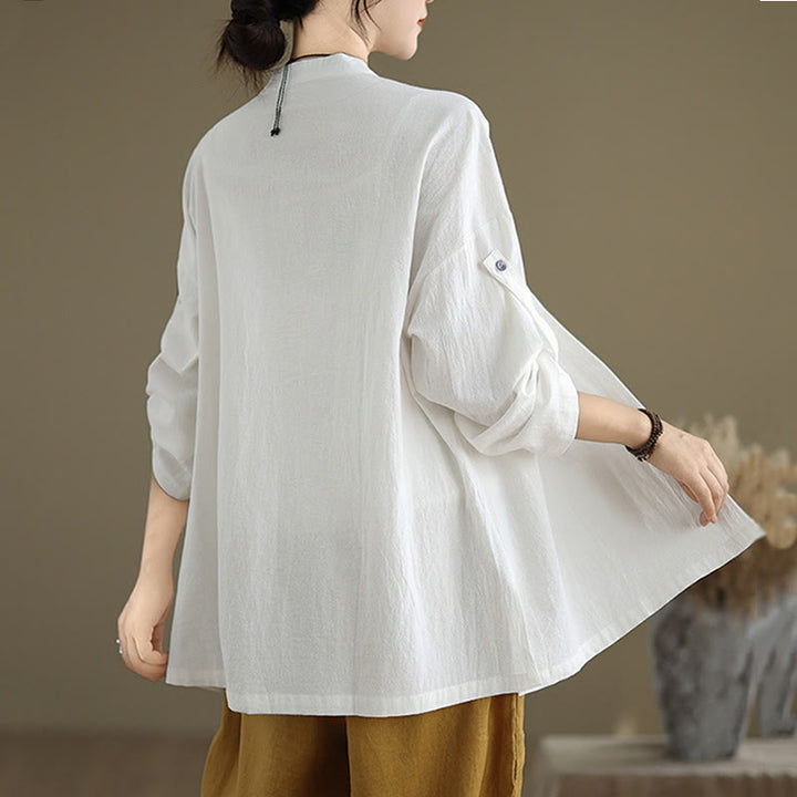 Camisa de lino y algodón de manga larga para mujer con bolsillo y estampado de Buddha Stones Commute en color puro - image 15