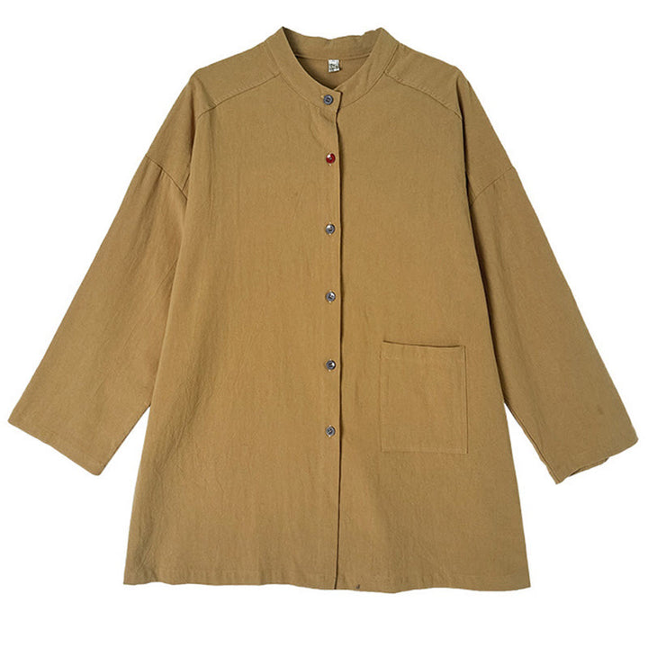 Camisa de lino y algodón de manga larga para mujer con bolsillo y estampado de Buddha Stones Commute en color puro - image 11