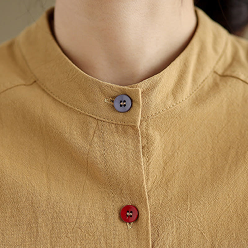 Camisa de lino y algodón de manga larga para mujer con bolsillo y estampado de Buddha Stones Commute en color puro - image 7