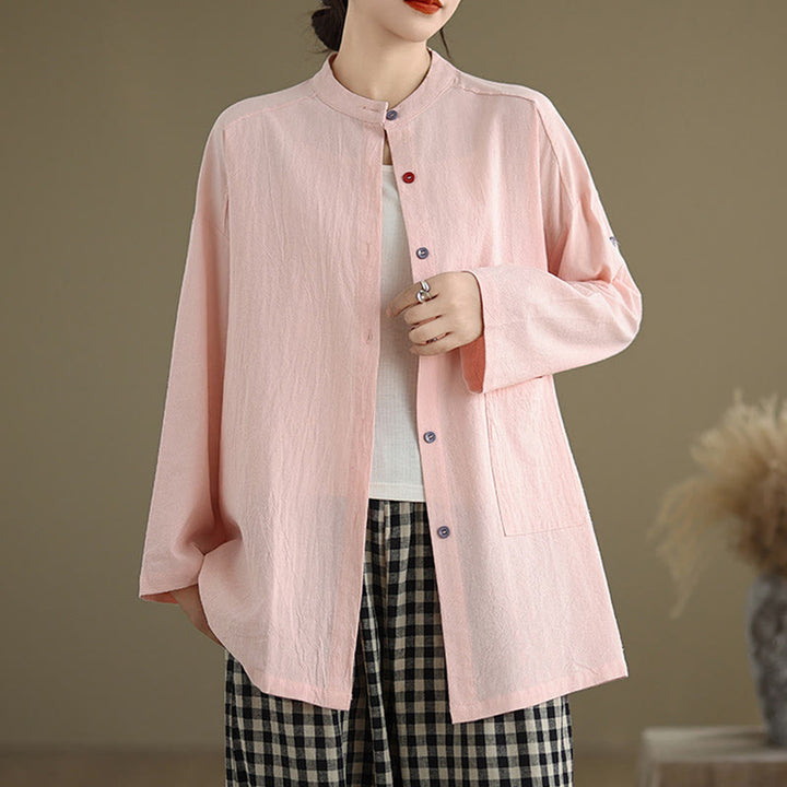 Camisa de lino y algodón de manga larga para mujer con bolsillo y estampado de Buddha Stones Commute en color puro - MistyRose - US14，UK/AU18，EU46 (2XL) - image 17