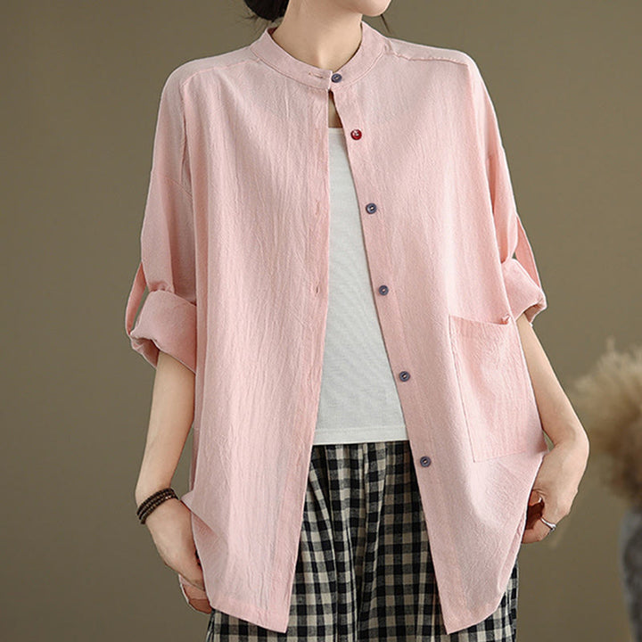 Camisa de lino y algodón de manga larga para mujer con bolsillo y estampado de Buddha Stones Commute en color puro - image 18