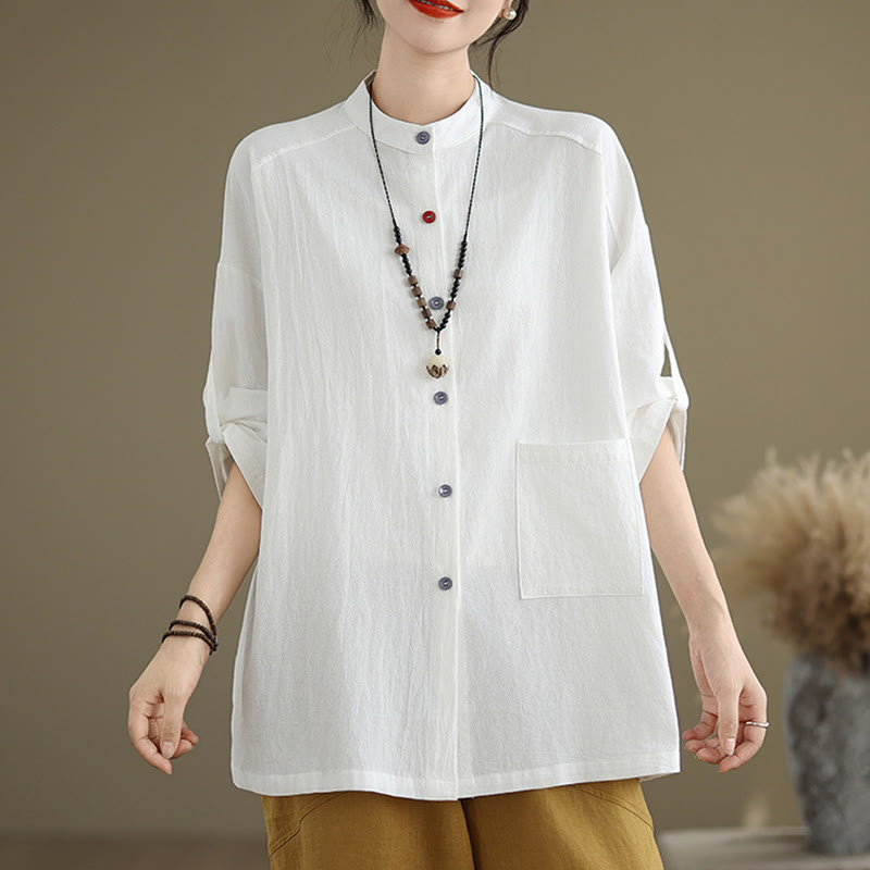Camisa de lino y algodón de manga larga para mujer con bolsillo y estampado de Buddha Stones Commute en color puro - Blanco - US14，UK/AU18，EU46 (2XL) - image 12