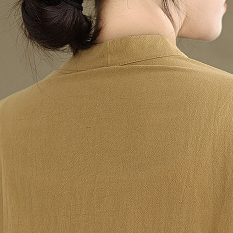Camisa de lino y algodón de manga larga para mujer con bolsillo y estampado de Buddha Stones Commute en color puro - image 8
