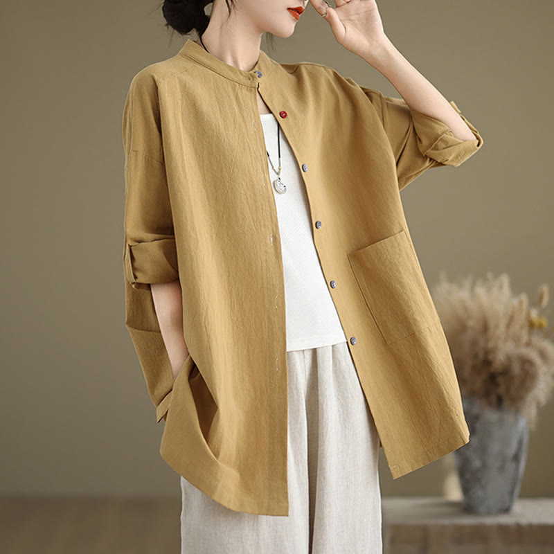 Camisa de lino y algodón de manga larga para mujer con bolsillo y estampado de Buddha Stones Commute en color puro - Vara de oro - US14，UK/AU18，EU46 (2XL) - image 1