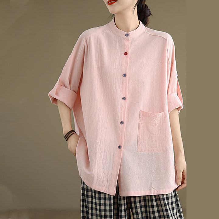 Camisa de lino y algodón de manga larga para mujer con bolsillo y estampado de Buddha Stones Commute en color puro - image 22