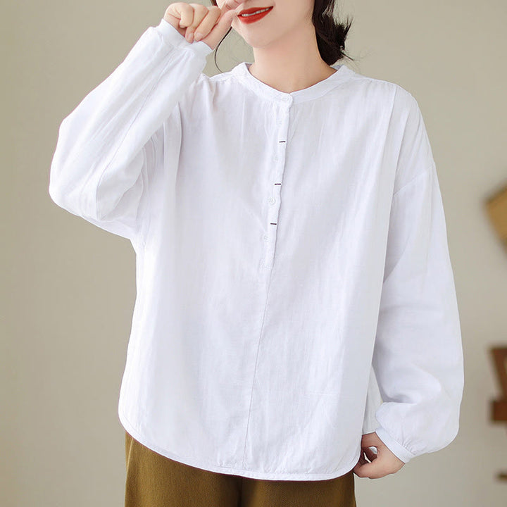 Camisa de manga larga de lino y algodón para mujer, diseño sencillo, con botones y estampado floral de Buddha Stones Commute Spring - Blanco - US12, UK/AU16, EU44 (2XL) - image 8
