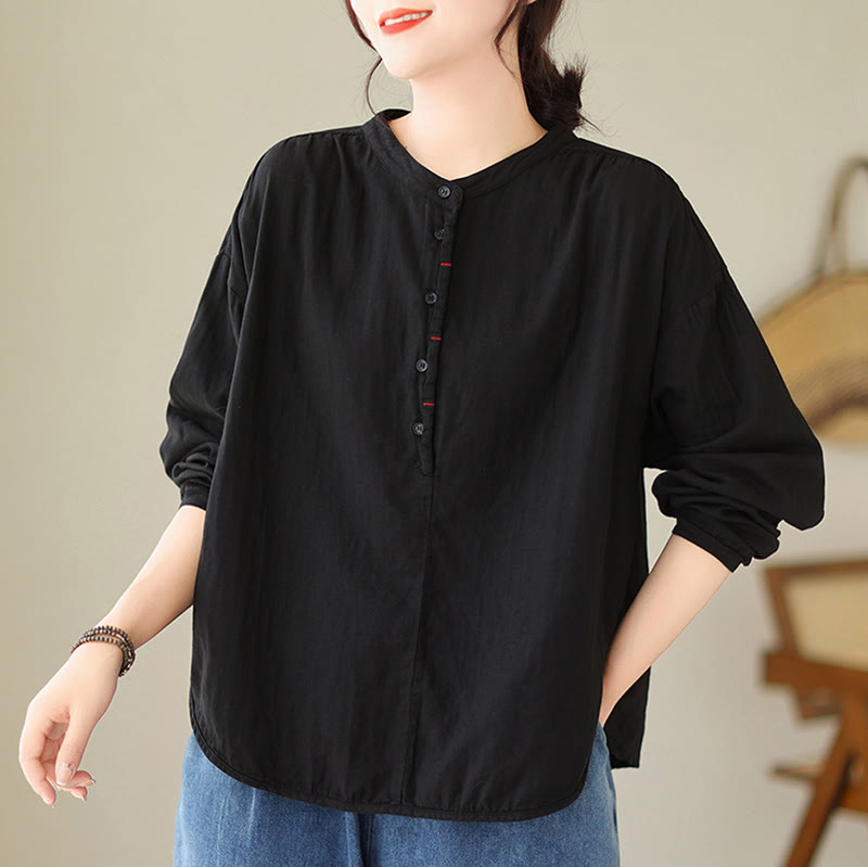 Camisa de manga larga de lino y algodón para mujer, diseño sencillo, con botones y estampado floral de Buddha Stones Commute Spring - Negro - US12, UK/AU16, EU44 (2XL) - image 1