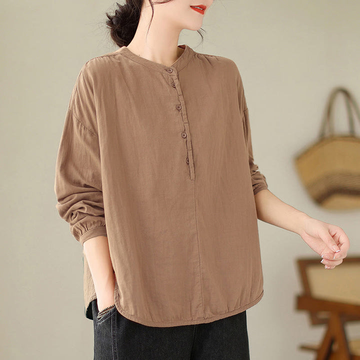 Camisa de manga larga de lino y algodón para mujer, diseño sencillo, con botones y estampado floral de Buddha Stones Commute Spring - image 13