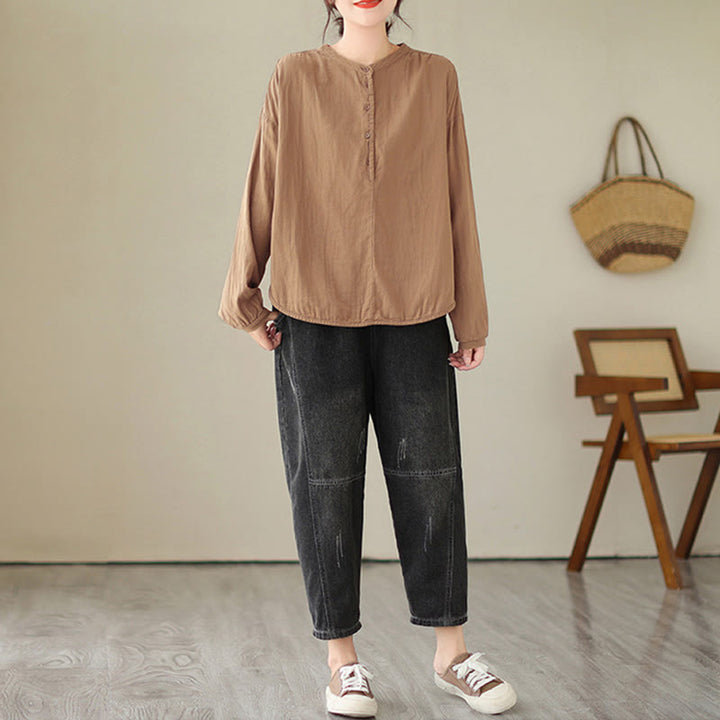Camisa de manga larga de lino y algodón para mujer, diseño sencillo, con botones y estampado floral de Buddha Stones Commute Spring - image 16