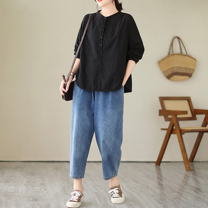 Camisa de manga larga de lino y algodón para mujer, diseño sencillo, con botones y estampado floral de Buddha Stones Commute Spring - image 6