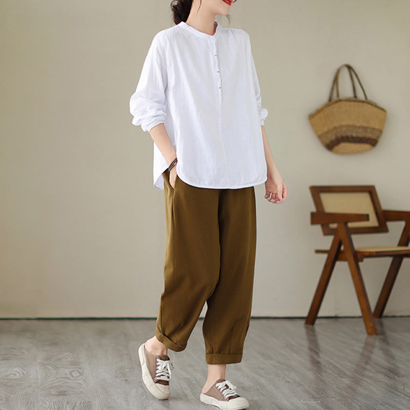 Camisa de manga larga de lino y algodón para mujer, diseño sencillo, con botones y estampado floral de Buddha Stones Commute Spring - image 11