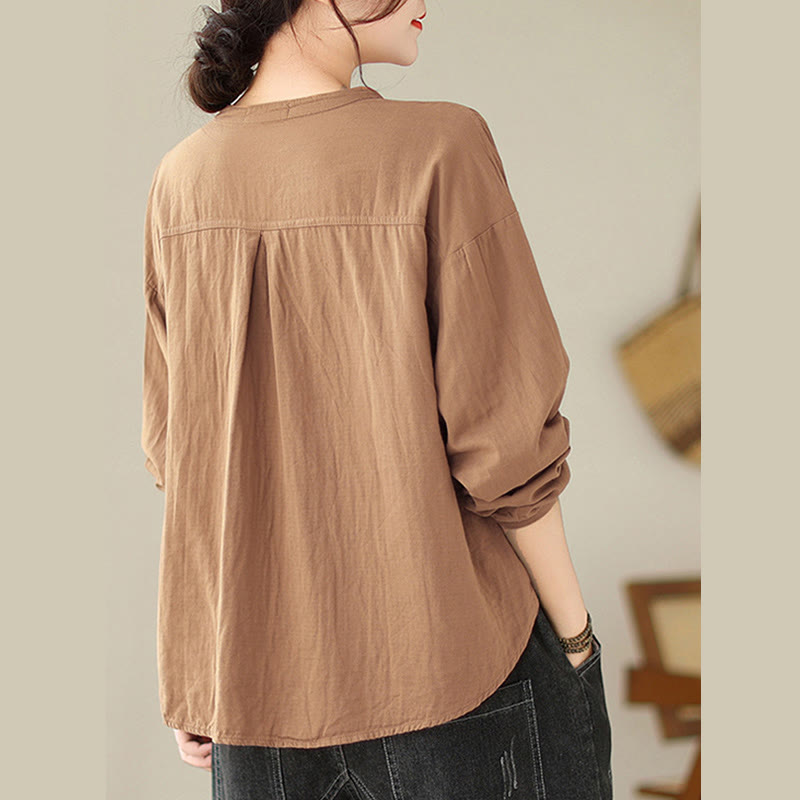Camisa de manga larga de lino y algodón para mujer, diseño sencillo, con botones y estampado floral de Buddha Stones Commute Spring - image 15