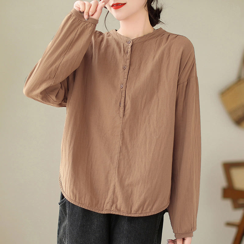 Camisa de manga larga de lino y algodón para mujer, diseño sencillo, con botones y estampado floral de Buddha Stones Commute Spring - SandyBrown - US12, UK/AU16, EU44 (2XL) - image 12