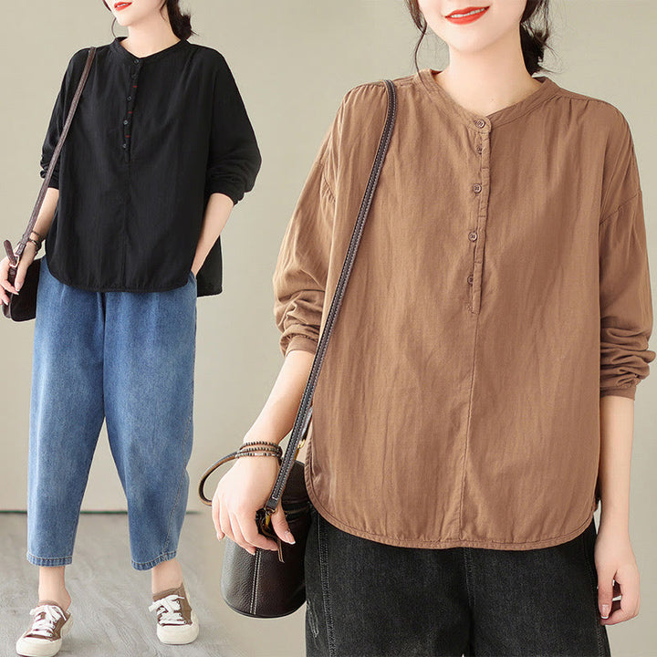 Camisa de manga larga de lino y algodón para mujer, diseño sencillo, con botones y estampado floral de Buddha Stones Commute Spring - image 22