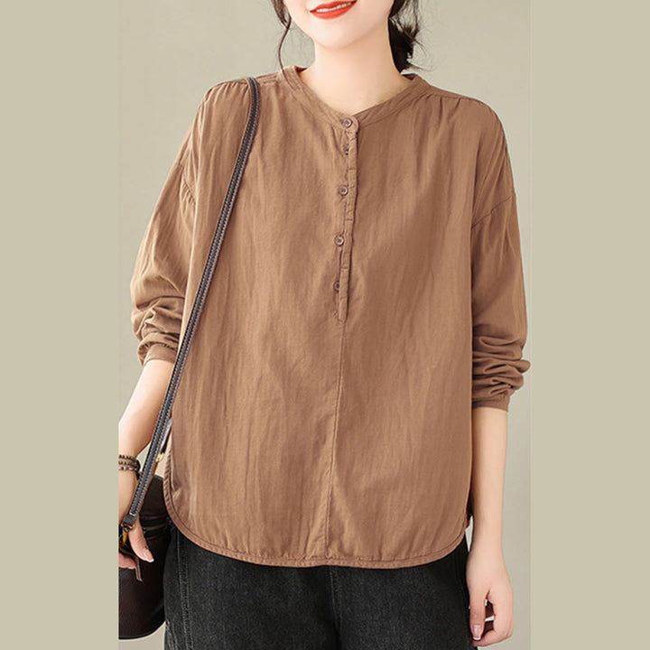 Camisa de manga larga de lino y algodón para mujer, diseño sencillo, con botones y estampado floral de Buddha Stones Commute Spring - image 14